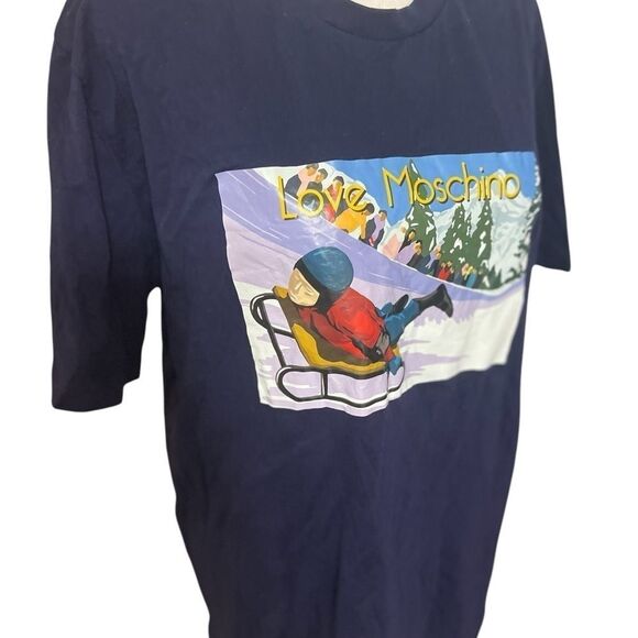 Love Moschino women men Blue Graphic T-Shirt extra large snow sled - Picture 4 of 11